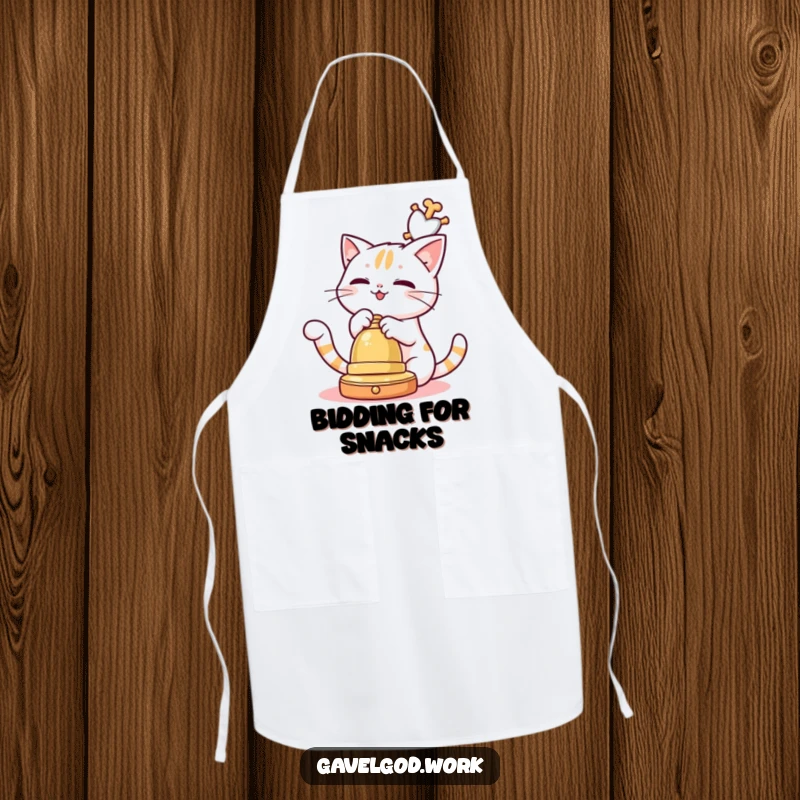 Funny Kawaii cat character playfully batting at a dangling auction bell, a humorous and charming kitchen apron.