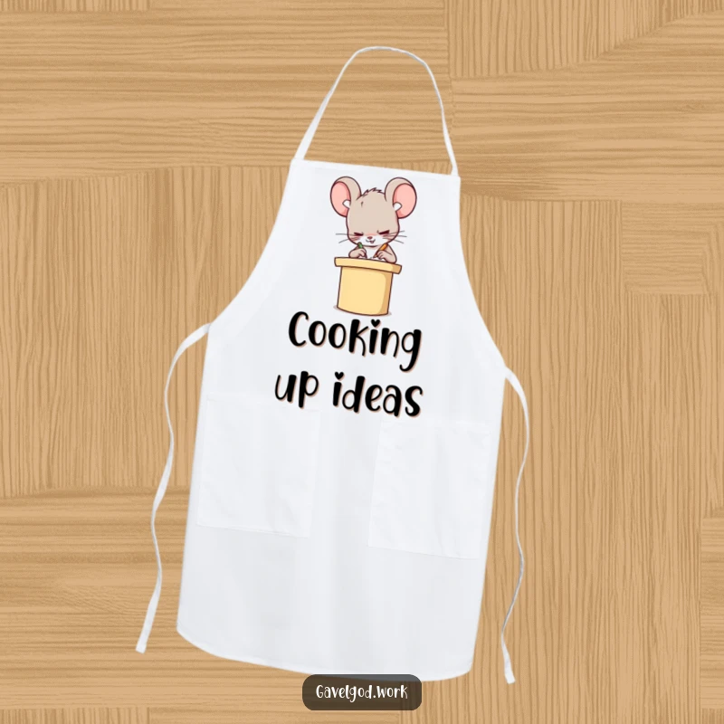 Funny Kawaii mouse character scribbling furiously on a tiny podium, a humorous apron for kitchen adventures.