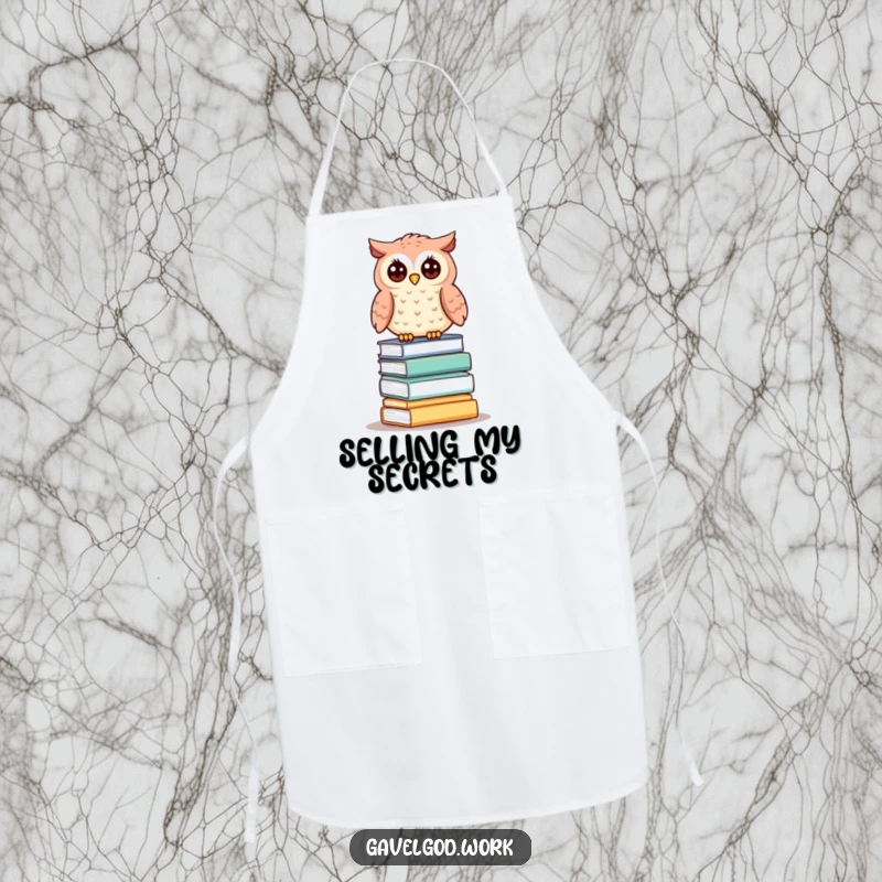 Funny kawaii owl apron showing a wise owl perched on small auction lots, ready to oversee kitchen creations.