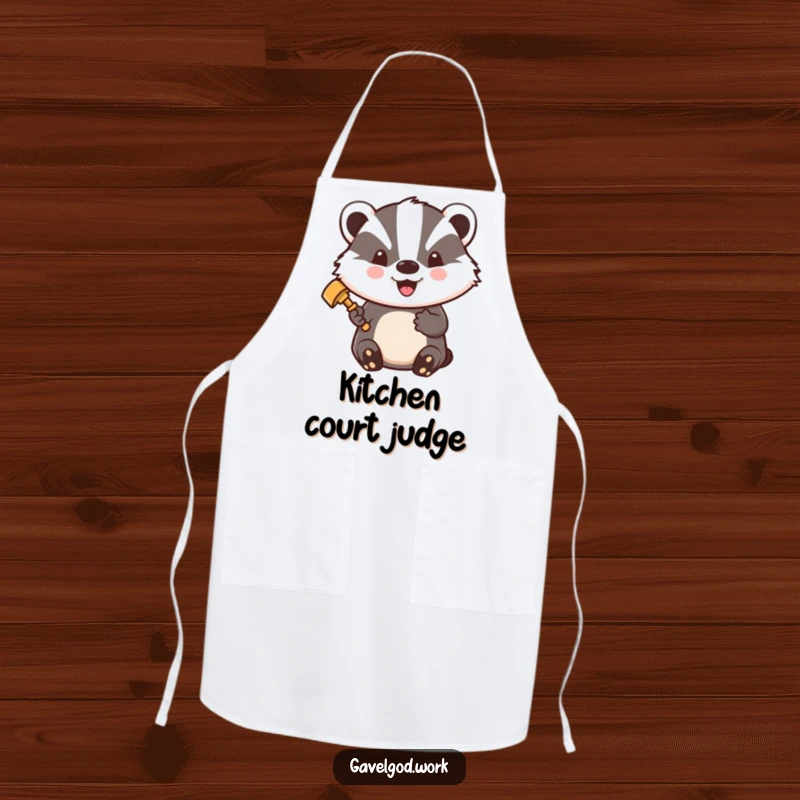 Funny Kawaii Badger Apron: A badger holds a tiny gavel, beaming with pride, humorous kitchen wear.