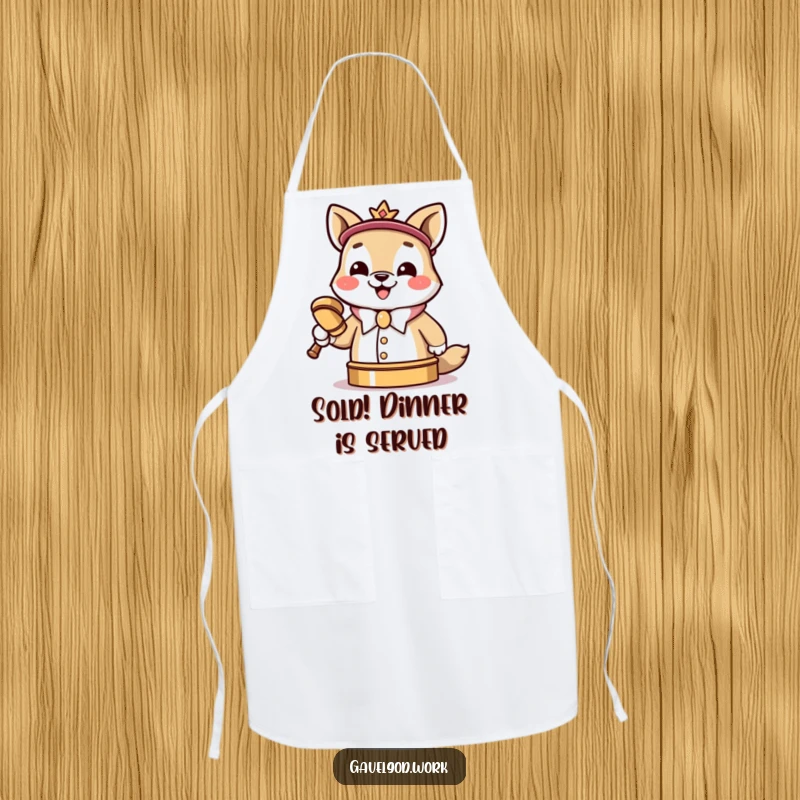 Funny Kawaii animal auctioneer apron, grinning and slamming a tiny gavel, bringing order to the kitchen.