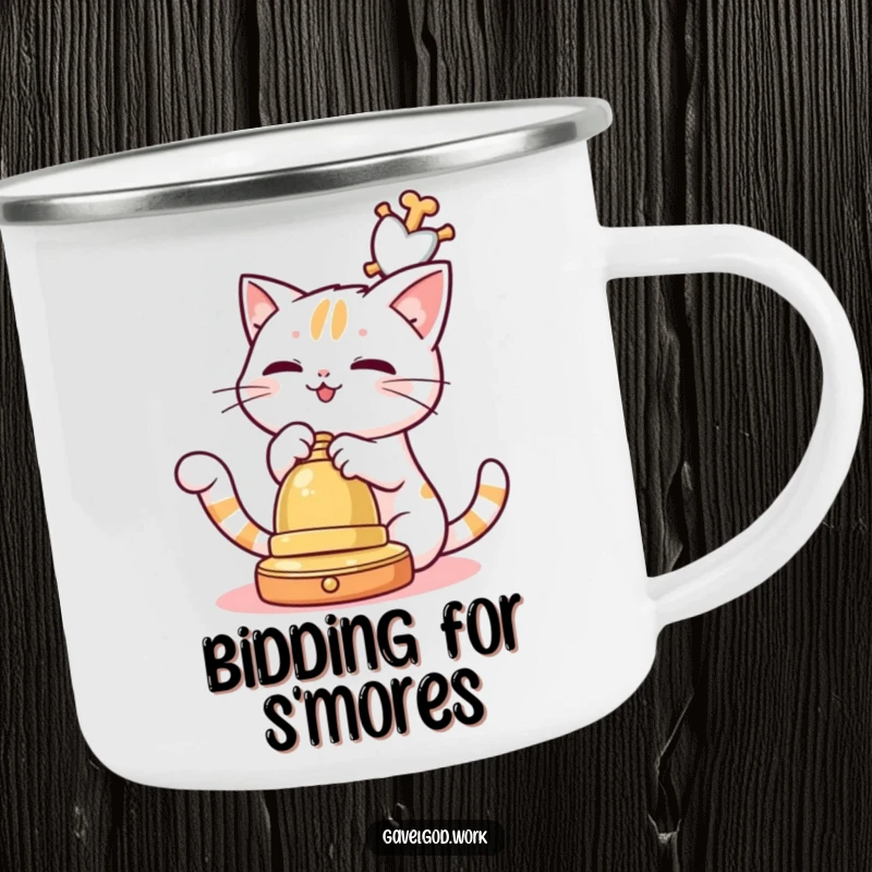 Funny Kawaii cat character playfully batting at a dangling auction bell, a humorous and charming camping mug.