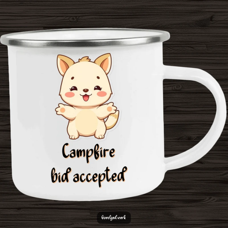 Funny happy animal character with outstretched paws, offering a bid on a durable enamel camping mug, perfect for generous outdoor fun.