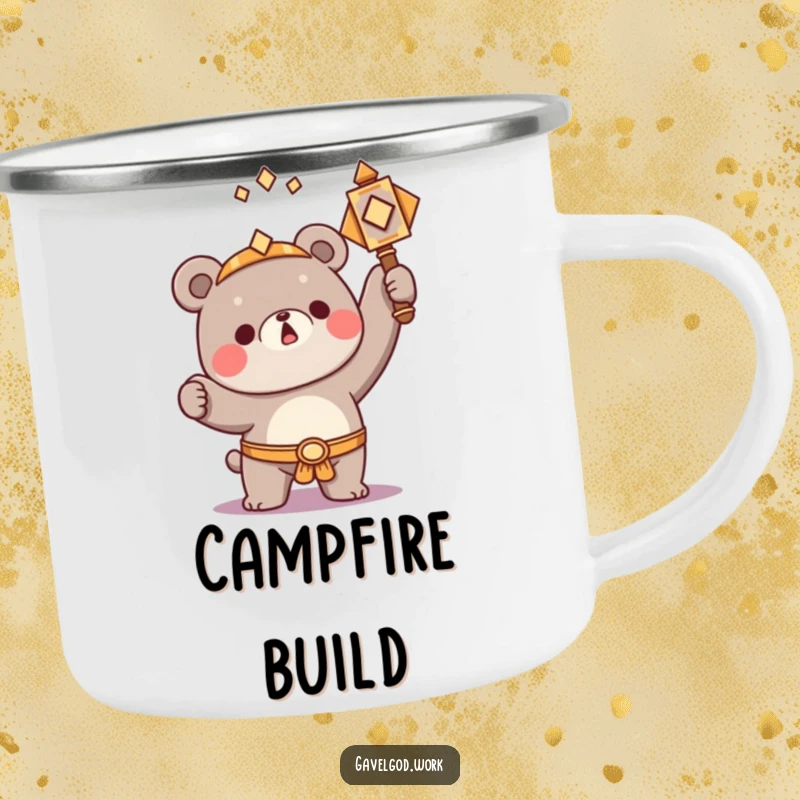 Funny Kawaii bear character triumphantly raising a small, ornate hammer, a humorous and inspiring camping mug.