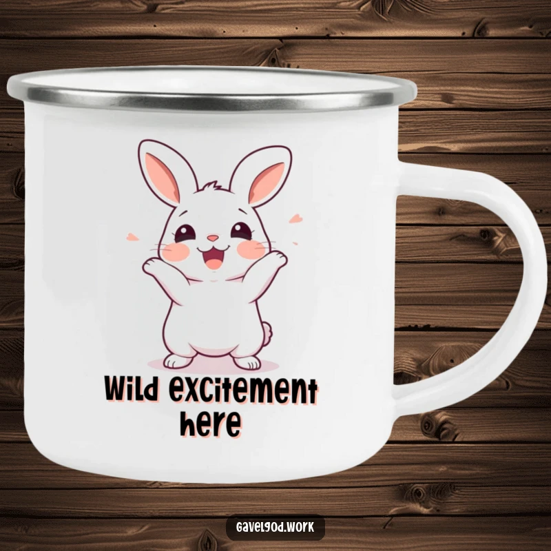 Funny kawaii rabbit camping mug showing a cute rabbit wiggling with excitement, ready for outdoor fun.