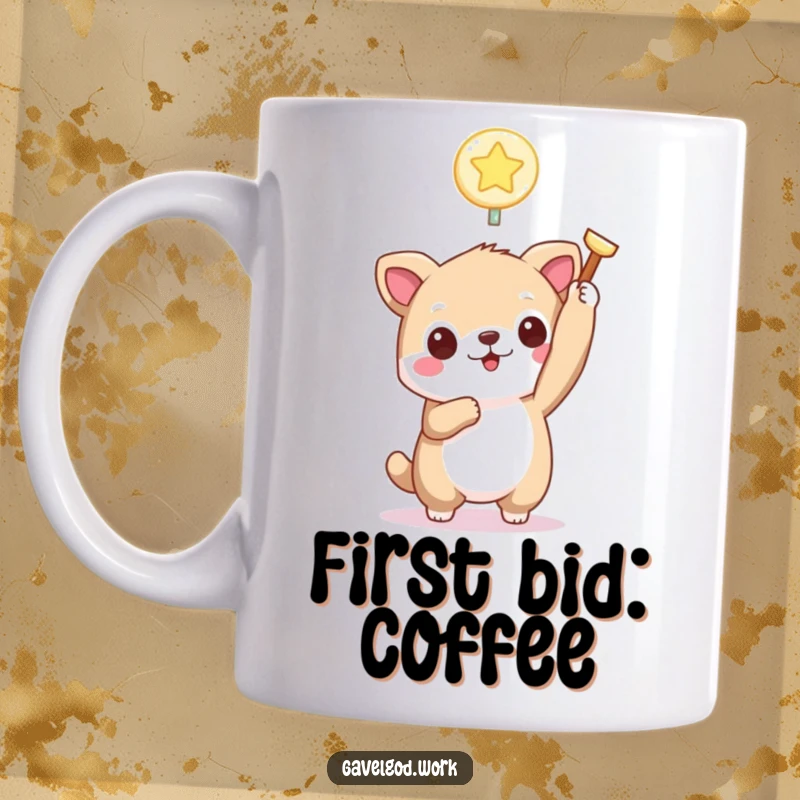 Funny kawaii animal mug holding a tiny, glowing bidding paddle aloft, celebrating auction wins with adorable and humorous charm. Great gift.