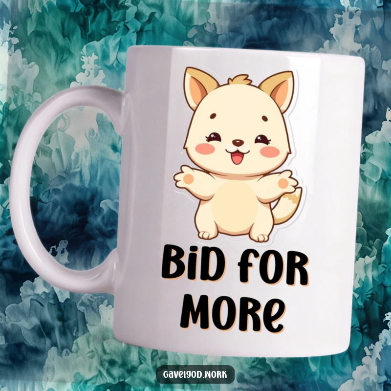 Funny happy animal character with outstretched paws, offering a bid with a joyful expression, perfect for a humorous mug.
