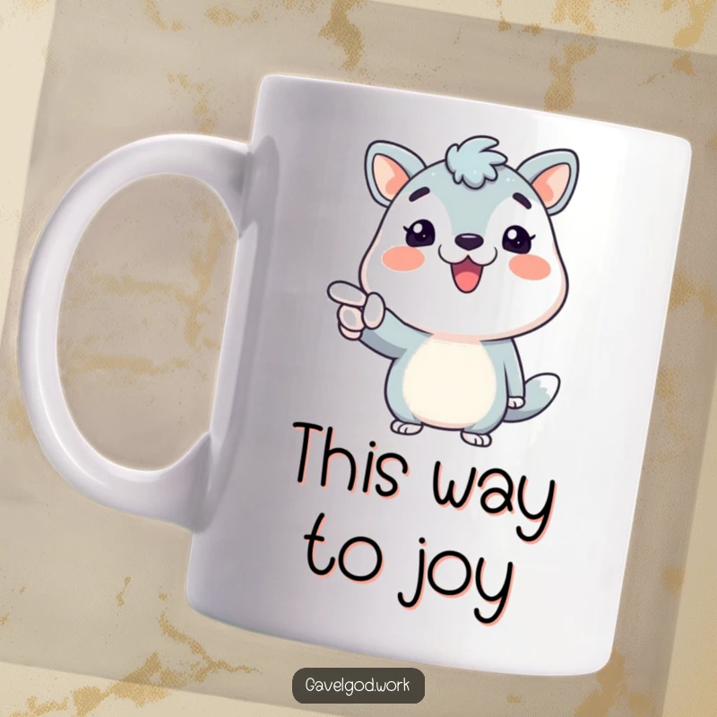 Funny animal character with a broad, cheerful smile, pointing enthusiastically forward, perfect for a motivational funny mug.