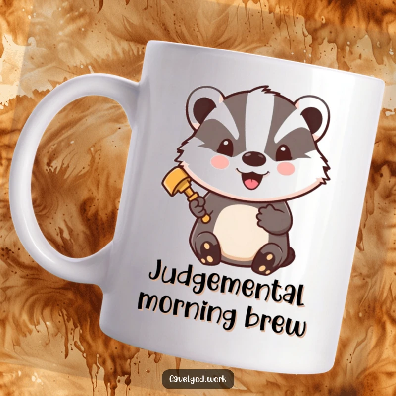 Funny Kawaii Badger Mug: A badger wears a gavel, beaming with pride, judge gift, legal humor.