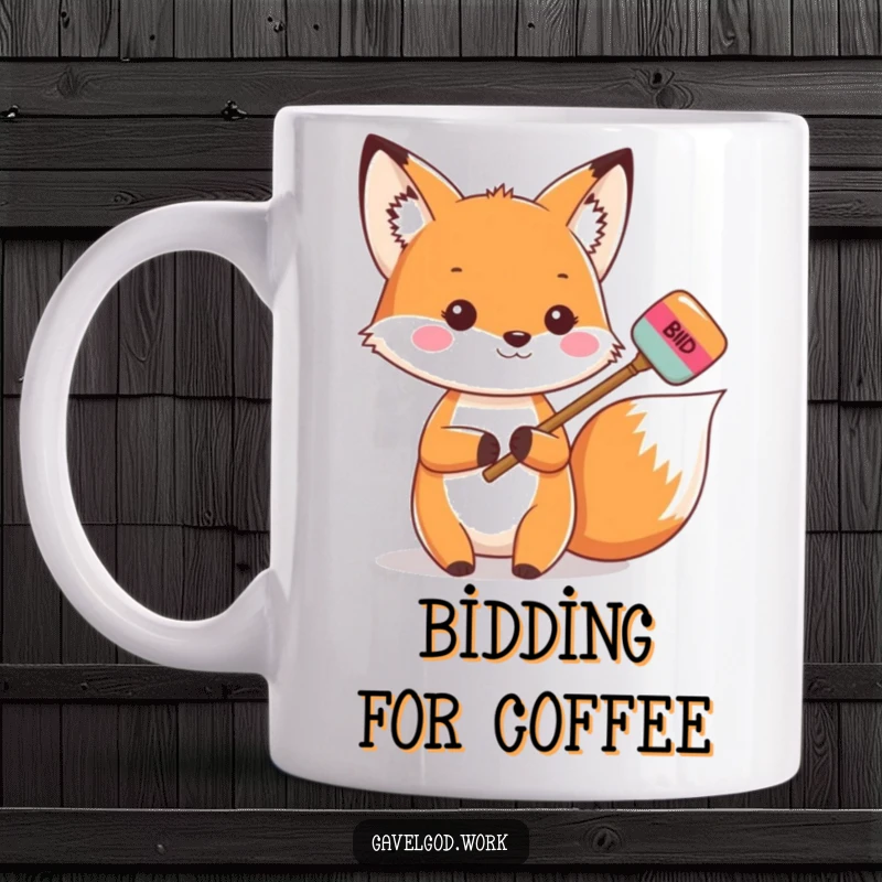 Funny Kawaii Fox Mug: A fox holds a bidding paddle, ready to bid, auction lover gift.