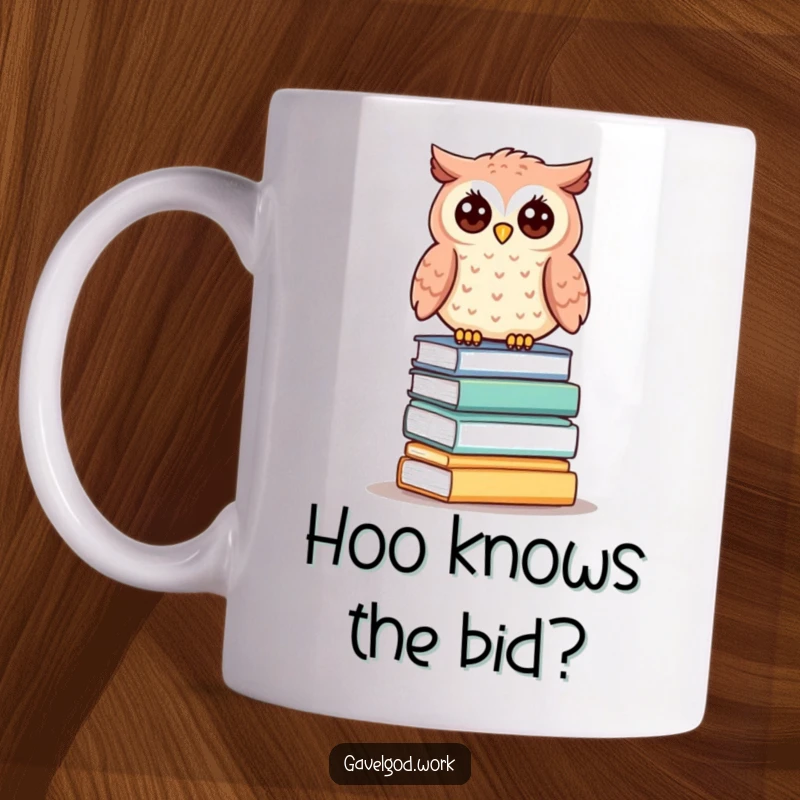 Funny kawaii owl mug perched regally atop a small stack of auction lots, looking wise and observant.