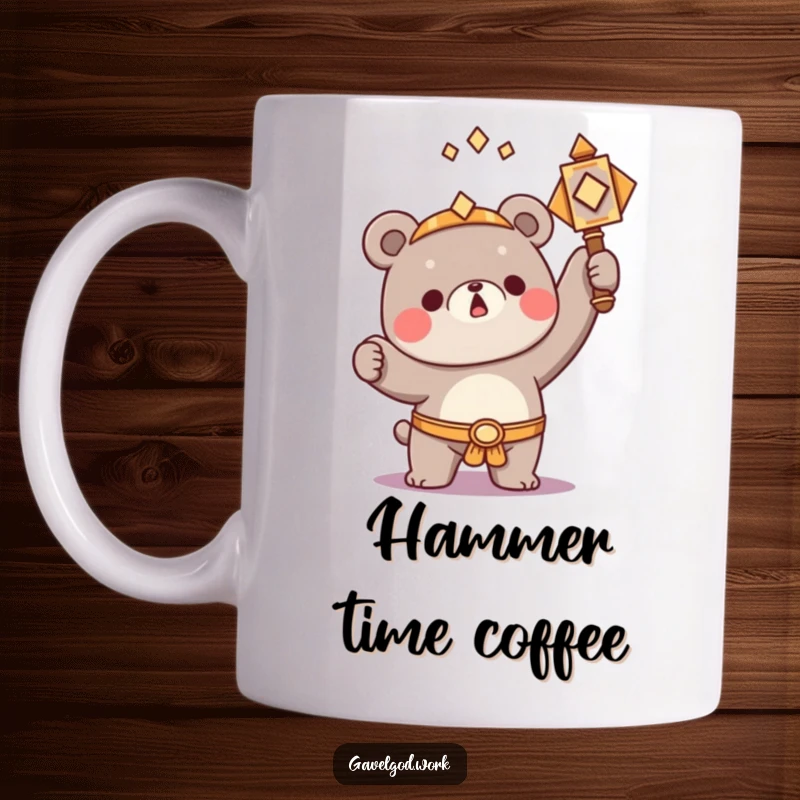 Funny Kawaii bear character triumphantly raising a small, ornate hammer, a humorous mug celebrating victory.