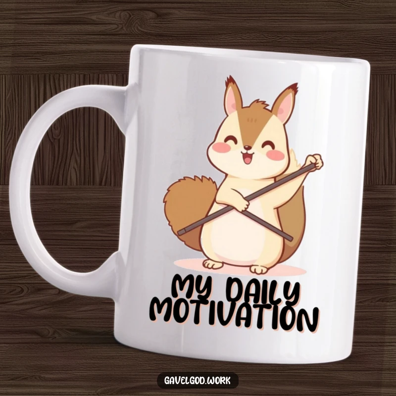 Funny kawaii squirrel mug joyfully pointing upwards with a small wooden paddle, depicting excitement and aspiration.