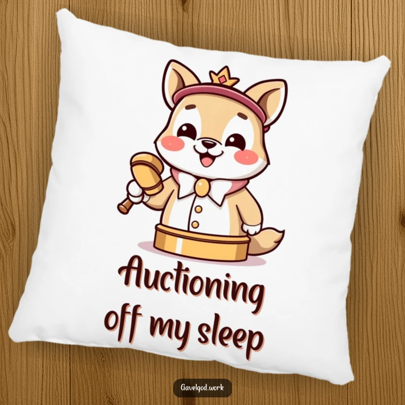 Funny Kawaii animal auctioneer pillow, a cheerful auctioneer slamming a tiny gavel, soft and humorous.