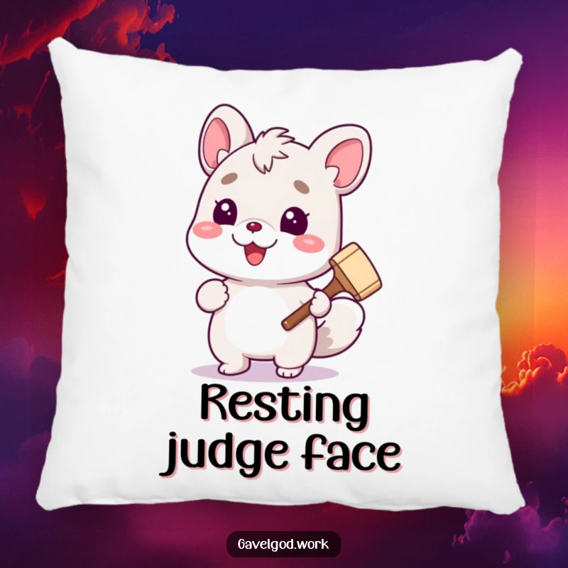 Soft, funny pillow featuring a cute animal character holding a tiny gavel with a cheerful expression, perfect for cozy humor.