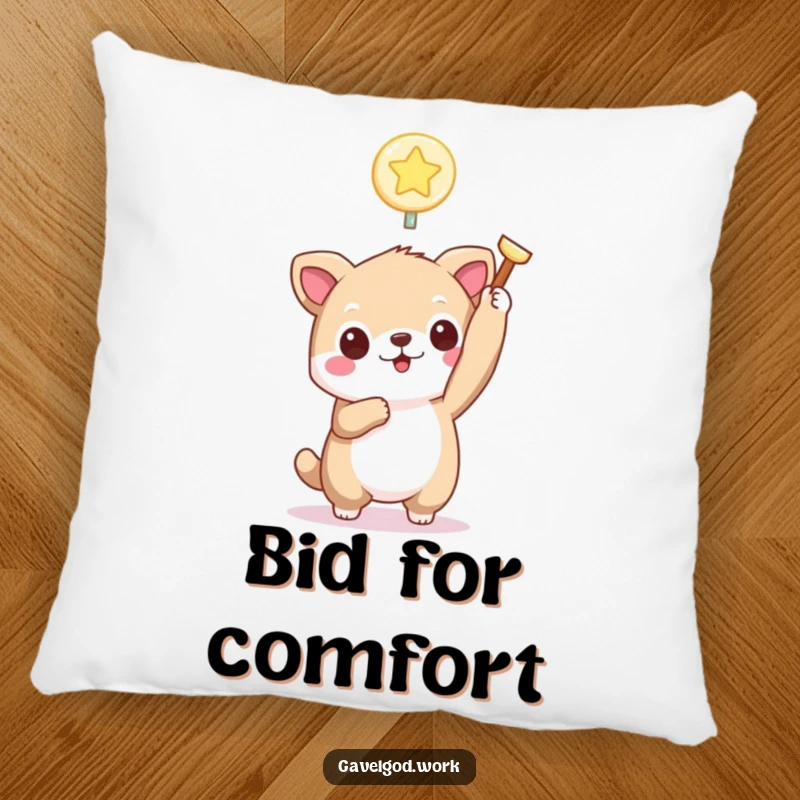 Funny kawaii animal pillow with a cute creature holding a tiny, glowing bidding paddle, perfect for cozying up with auction vibes.