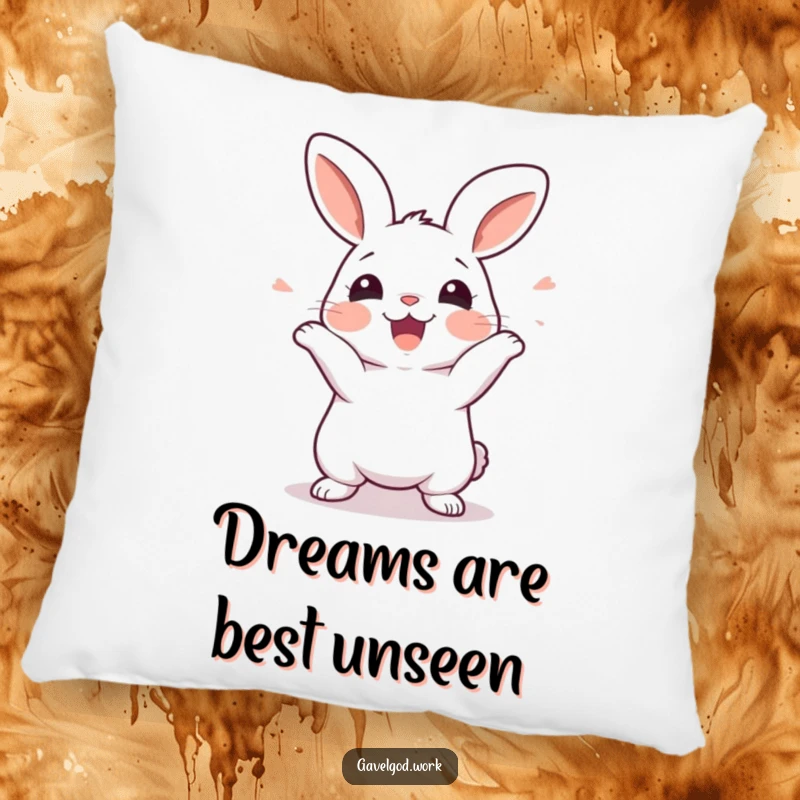 Funny kawaii rabbit pillow featuring a cute rabbit wiggling with pure excitement, perfect for a cozy, happy space.