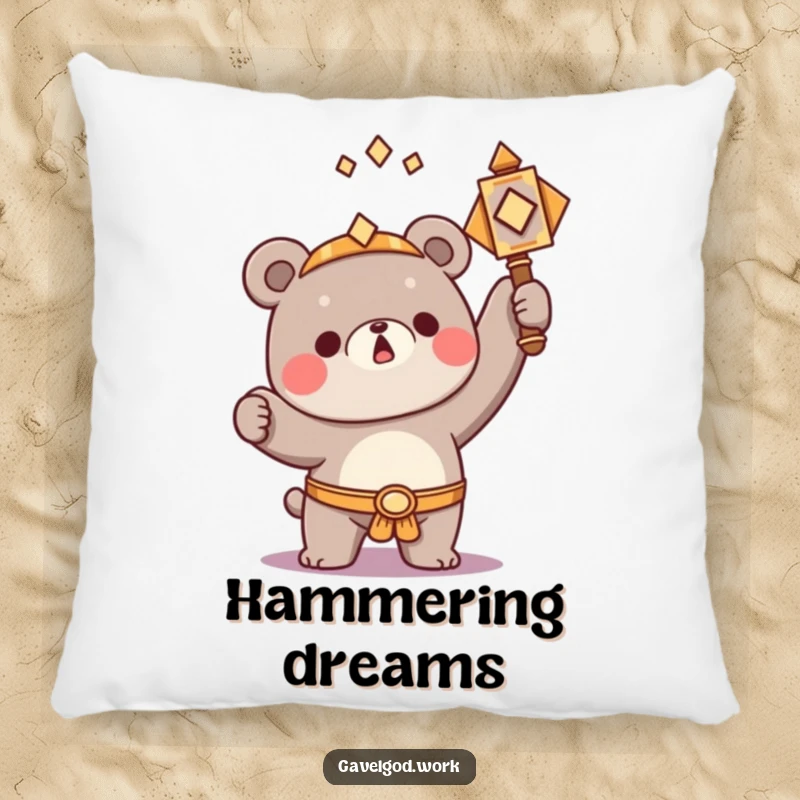 Funny Kawaii bear character triumphantly raising a small, ornate hammer, a soft and humorous decorative pillow.