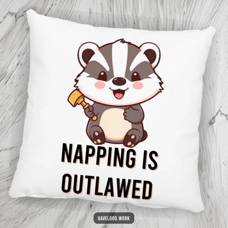Funny Kawaii Badger Pillow: A badger holds a gavel, beaming with pride, soft cushion for legal comfort.
