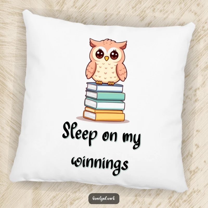 Funny kawaii owl pillow featuring a cute owl perched serenely on a stack of tiny auction lots, radiating calm wisdom.