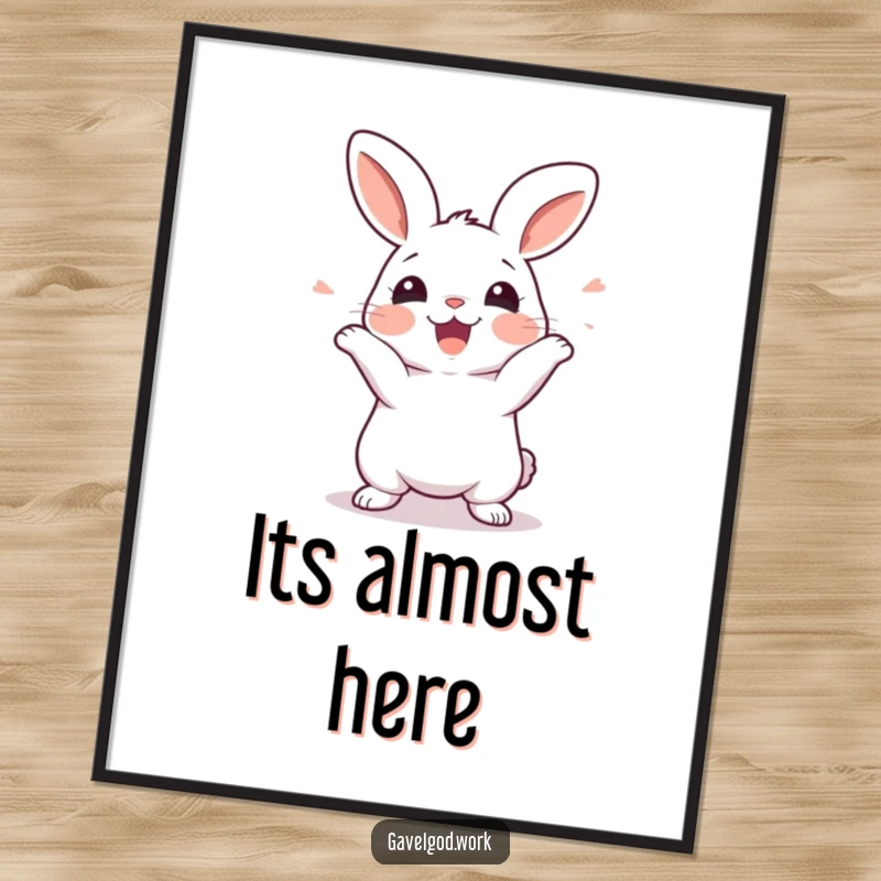 Funny kawaii rabbit digital art print of a cute rabbit wiggling with sheer excitement, celebrating unseen delights.