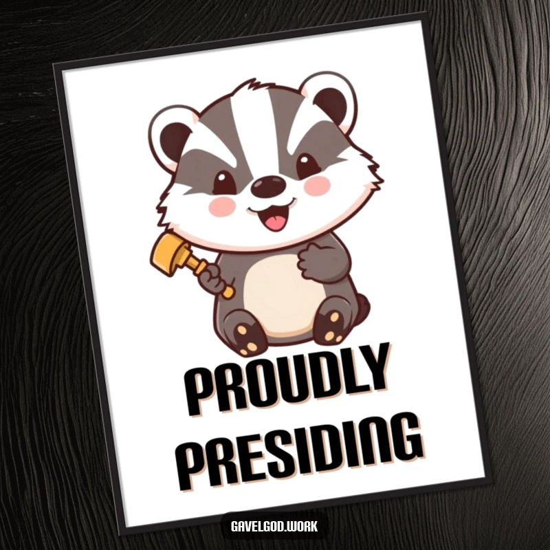 Funny Kawaii Badger Digital Art: A badger holds a gavel, beaming with pride, printable humorous illustration.