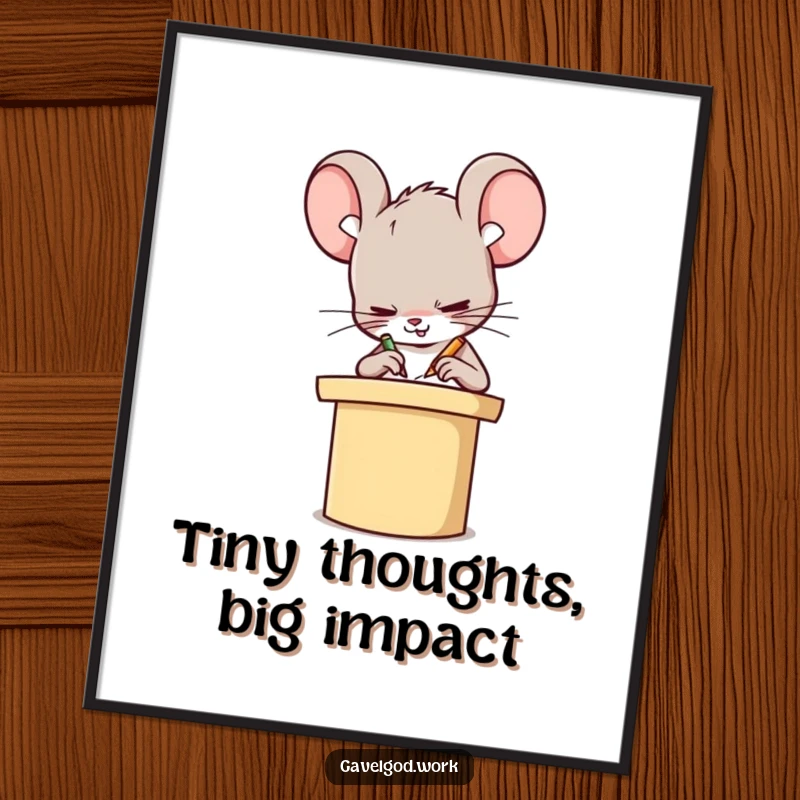 Funny Kawaii mouse character furiously scribbling on a miniature podium, a vibrant and humorous digital art print.