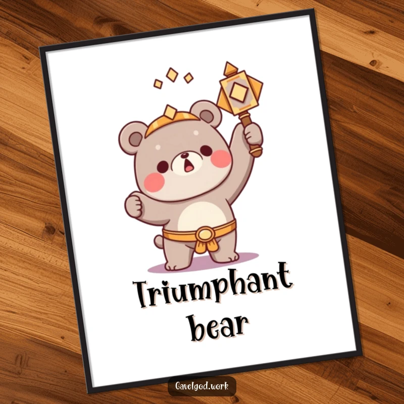 Funny Kawaii bear character triumphantly raising a small, ornate hammer, downloadable art for a humorous and inspiring effect.