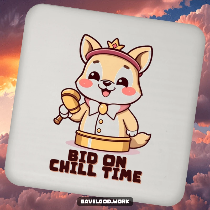 Funny Kawaii animal auctioneer drink coaster, a cheerful auctioneer slamming a tiny gavel, protecting surfaces.