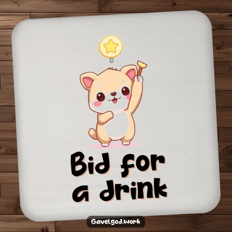 Funny kawaii animal drink coasters with a cute creature holding a tiny, glowing bidding paddle aloft, perfect for auction-themed tables.