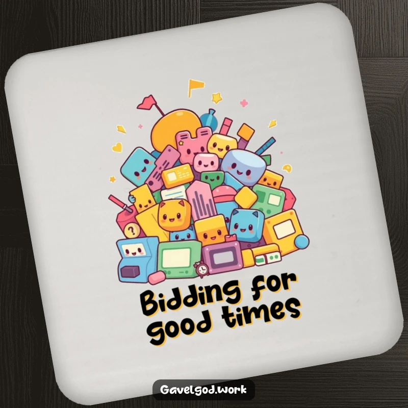 Funny kawaii auction shapes drink coasters featuring a colorful abstract pile of items, protecting surfaces with artistic humor and charm.