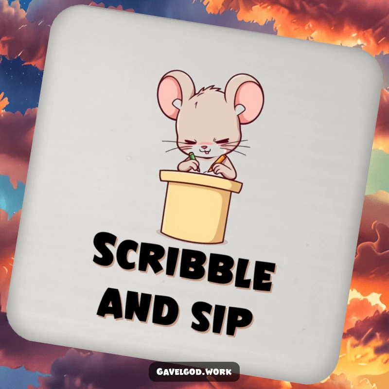 Funny Kawaii mouse character scribbling on a tiny podium, a humorous and protective drink coaster.