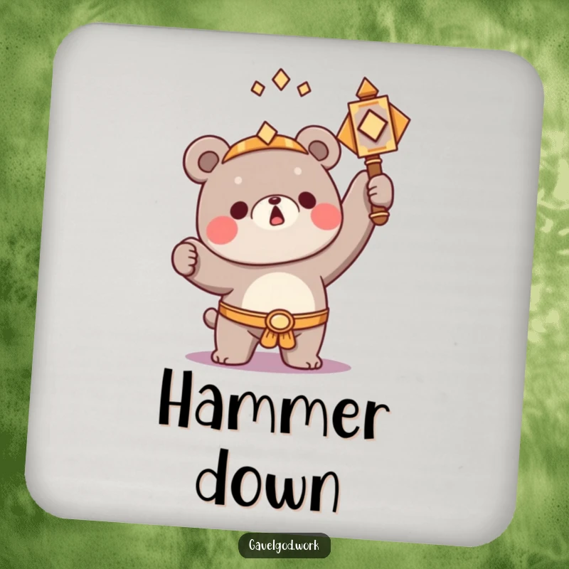 Funny Kawaii bear character triumphantly raising a small, ornate hammer, a humorous coaster for surface protection.