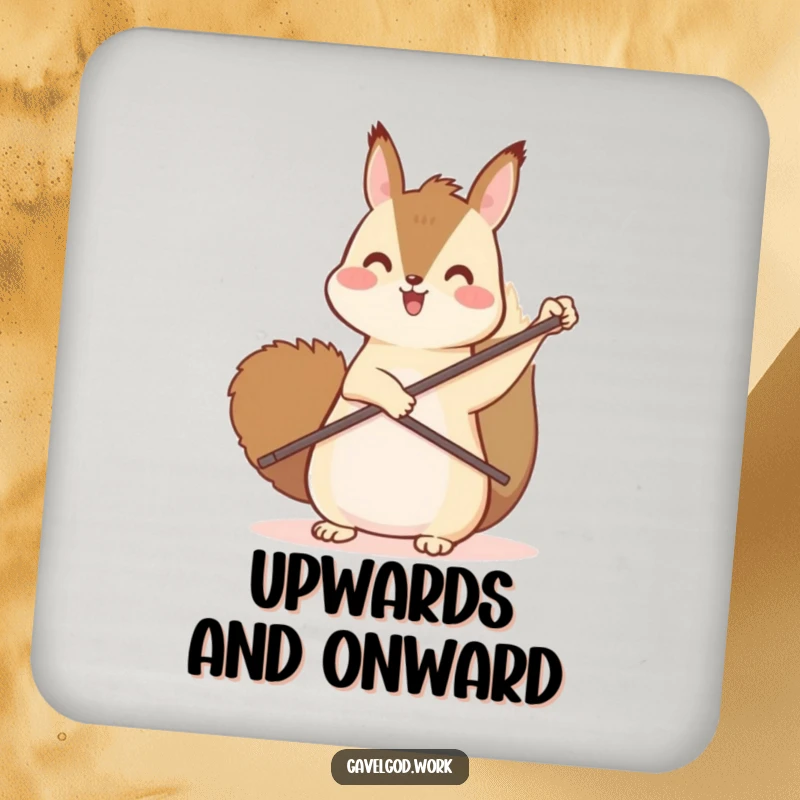 Funny kawaii squirrel drink coaster featuring a cute squirrel pointing upwards with a tiny paddle, adding a playful touch.
