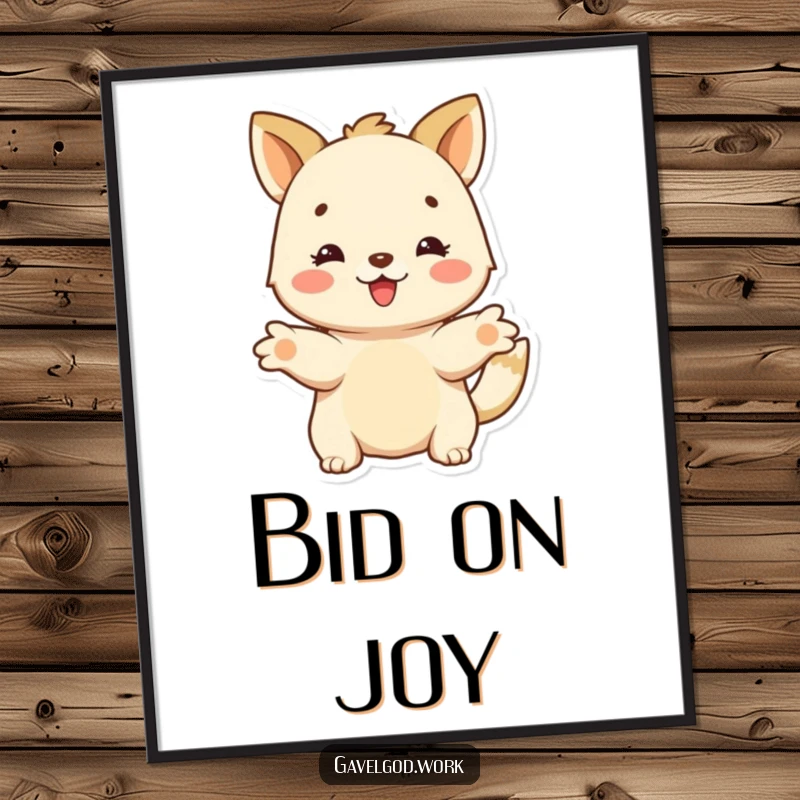 Vibrant funny poster of a happy animal character with outstretched paws, offering a bid, adding generous humor to walls.