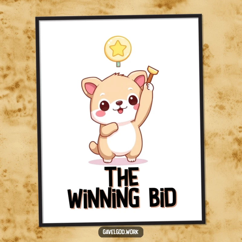 Funny kawaii animal poster with a cute character holding a tiny, glowing bidding paddle aloft, adding auction-themed humor to decor.