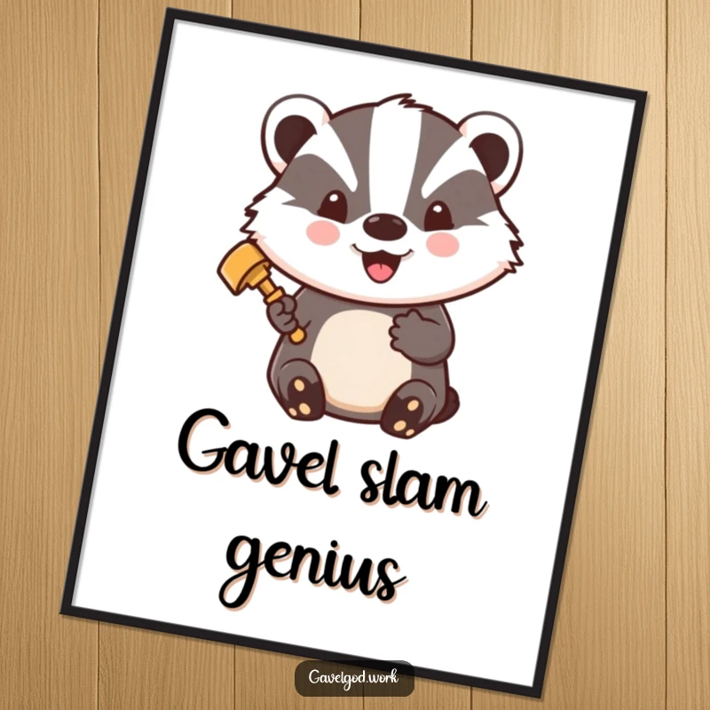 Funny Kawaii Badger Poster: A badger holds a gavel, beaming with pride, humorous wall art for offices.