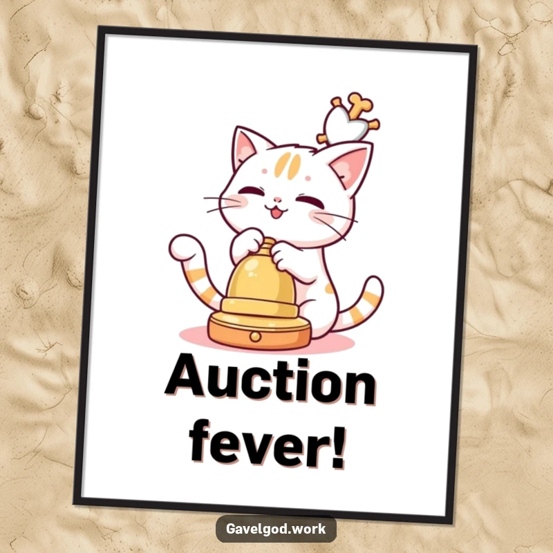 Funny Kawaii cat character playfully batting at a dangling auction bell, a humorous and engaging piece of wall art.