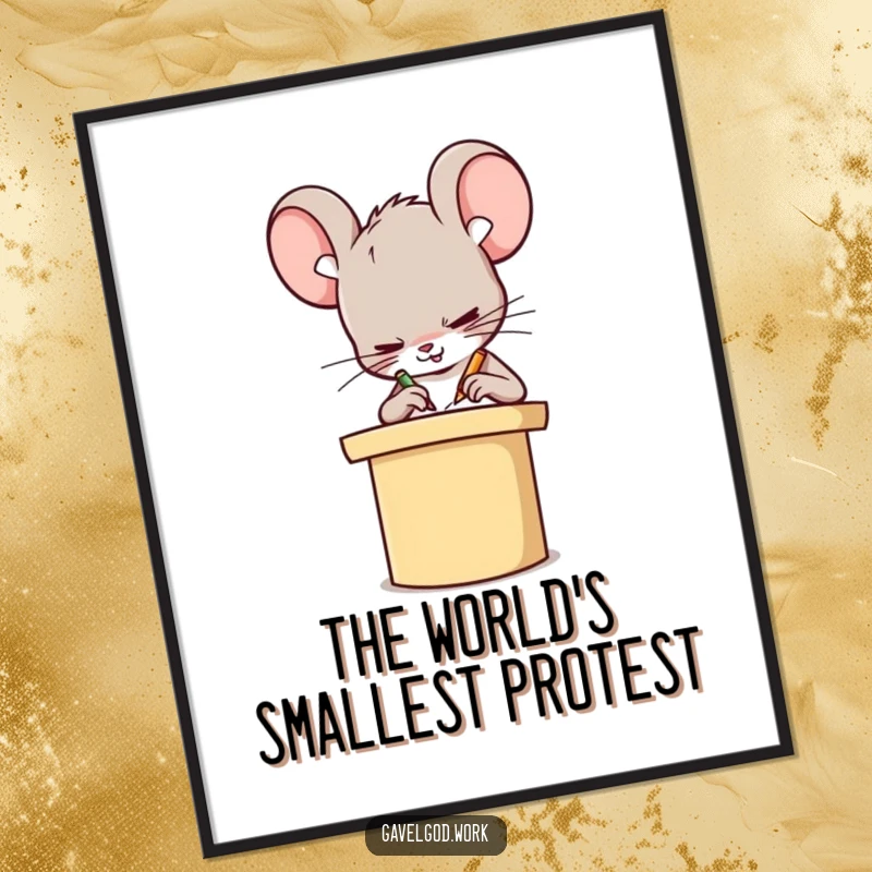 Funny Kawaii mouse character captured in the act of frantic scribbling on a miniature podium, a humorous piece of wall art.