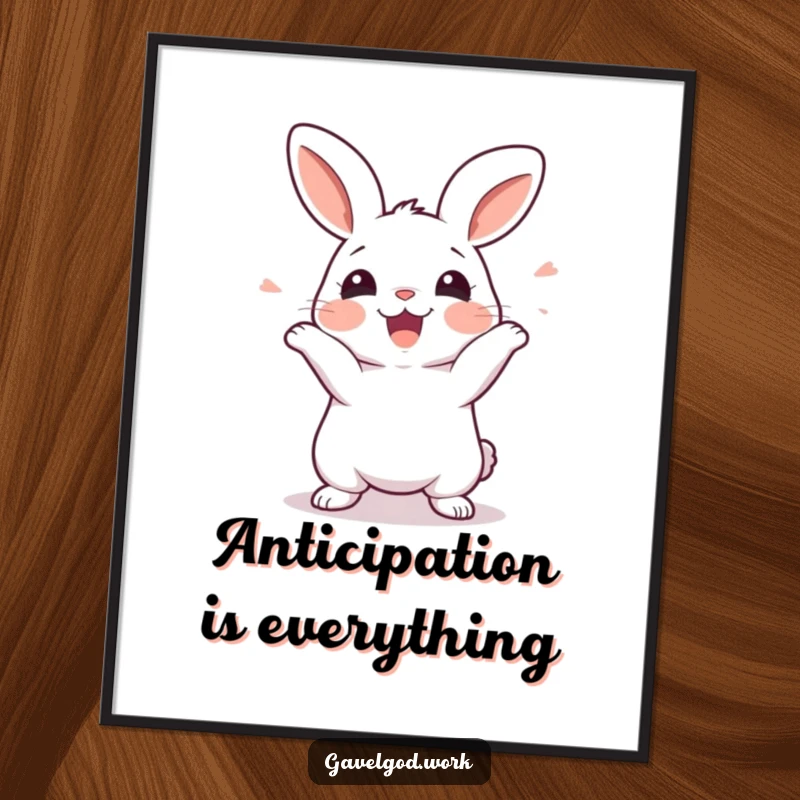 Funny kawaii rabbit poster art of a cute rabbit wiggling with extreme excitement, anticipating something delightful.