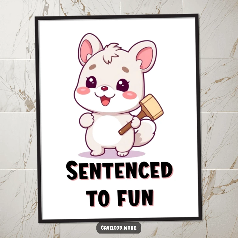 Vibrant funny poster of a cute animal character holding a tiny gavel with a cheerful expression, adding courtroom humor.