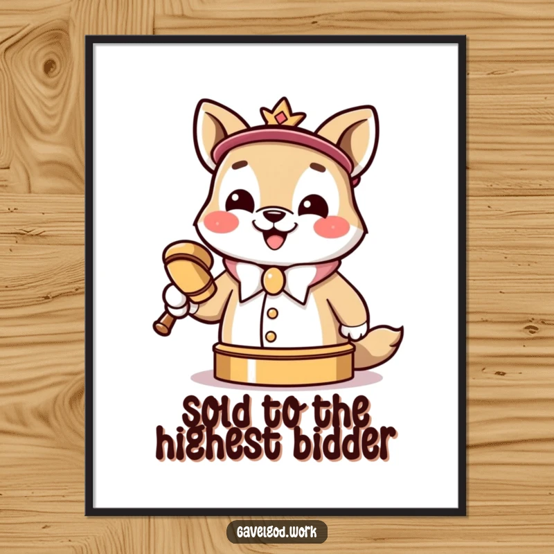 Funny Kawaii animal auctioneer poster, a cheerful auctioneer slamming a miniature gavel, a fun office decoration.