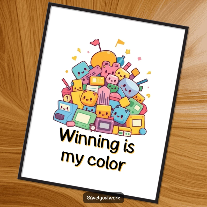 Funny kawaii auction shapes poster with a colorful abstract pile of items, adding humor and artistic flair to any wall space.