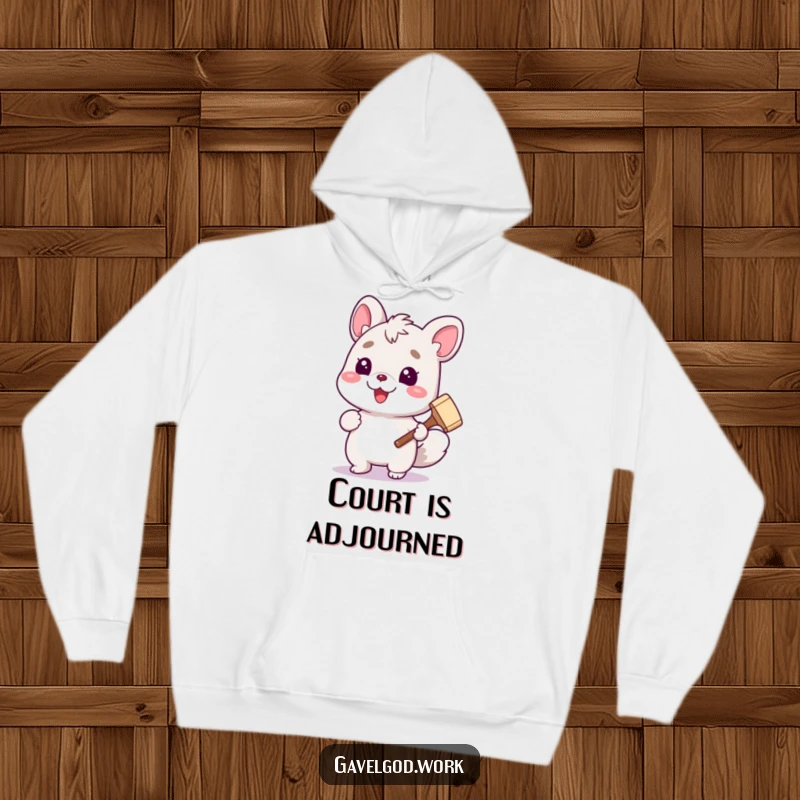 Funny cute animal character in a hoodie, holding a tiny gavel with a cheerful expression, for cozy legal humor.