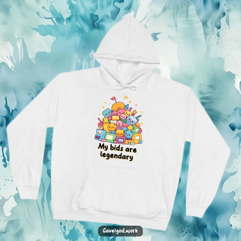 Funny kawaii auction shapes hoodie, depicting a cozy pile of colorful abstract items, ready for bidding and auctions. Great gift item.