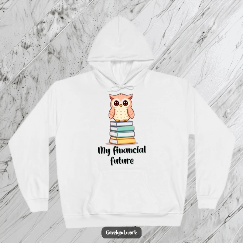 Funny kawaii owl hoodie showing a cute owl comfortably perched on a stack of tiny auction lots, exuding wisdom.