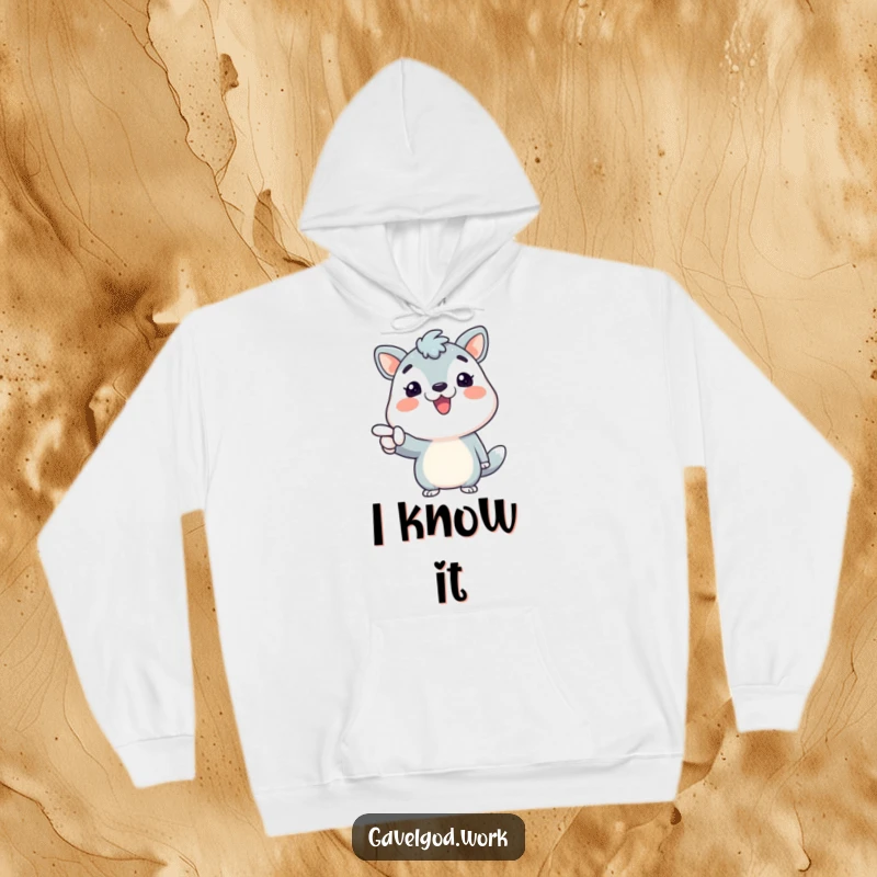Funny animal character in a cozy hoodie, with a broad smile, pointing enthusiastically forward, perfect for warm humor.