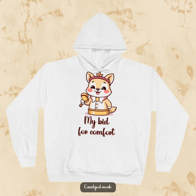 Funny Kawaii animal auctioneer hoodie, cheerfully grinning while slamming a tiny gavel, ready for business.