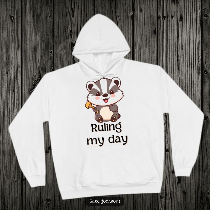 Funny Kawaii Badger Hoodie: A badger with a gavel, beaming with pride, cozy apparel for legal minds.