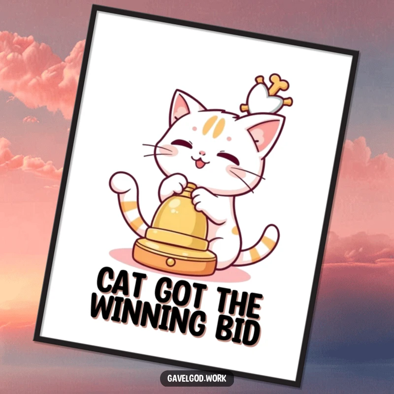 Funny Free Printable Wall Art: A kawaii cat character playfully batting at a dangling auction bell, adding whimsical decor.